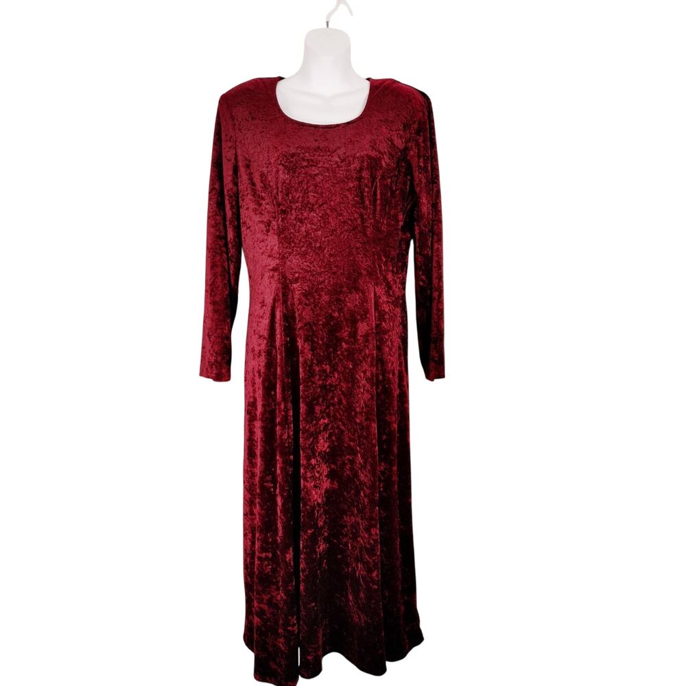 Brett Alixander Crushed Velvet Midi Dress 3/4 Sleeve A-Line Red Womens Size 12